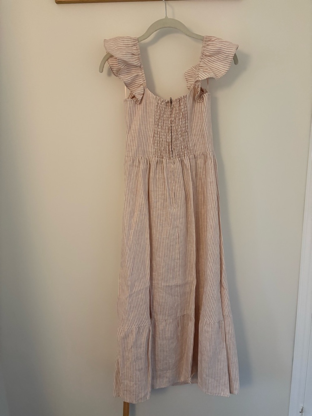 Reformation Pink and White Striped Midi Dress with Ruffle Sleeves - Picture 2 of 6